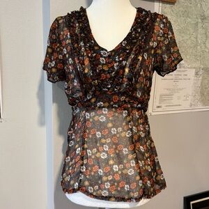 Y2K Antilia Femme sheer ditsy floral short sleeve blouse with ruffles size